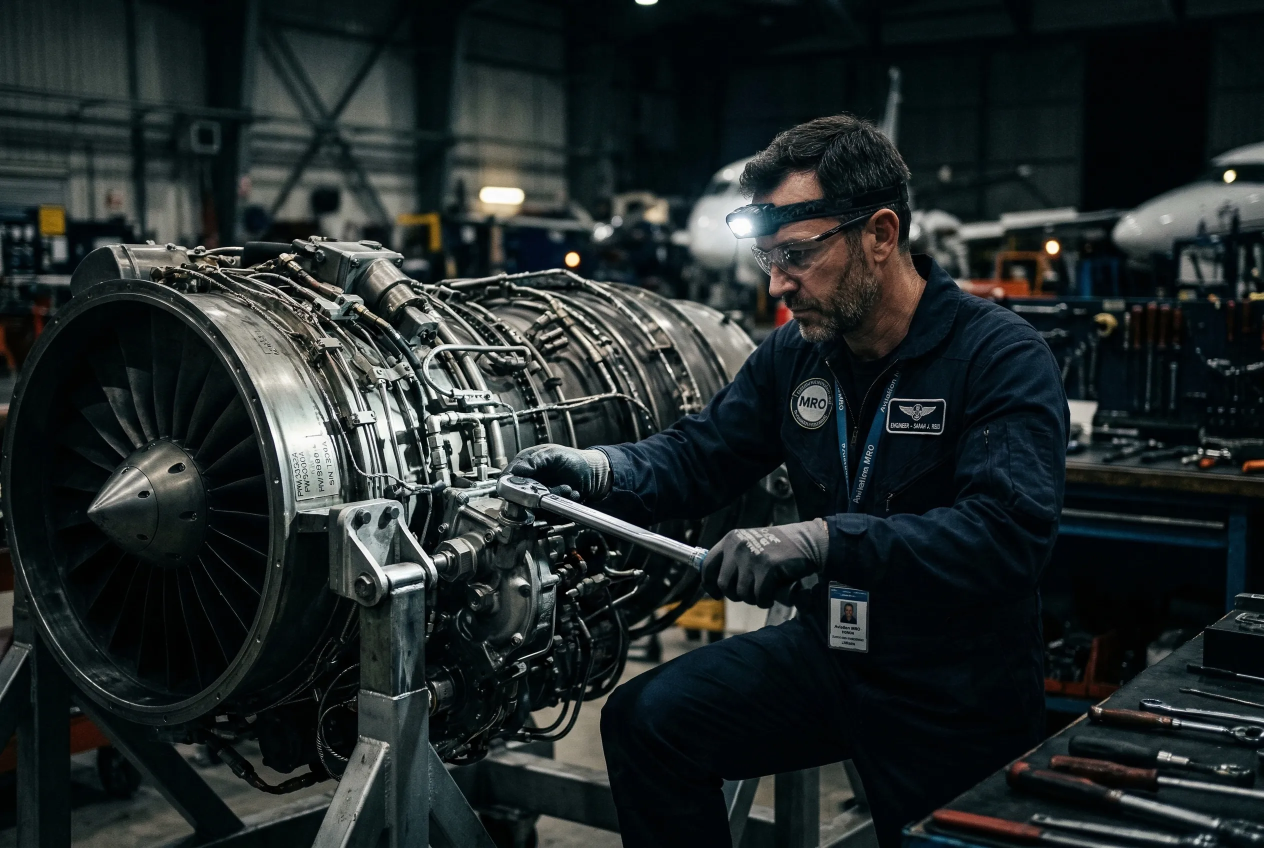 Aircraft maintenance engineer working on a business jet engine