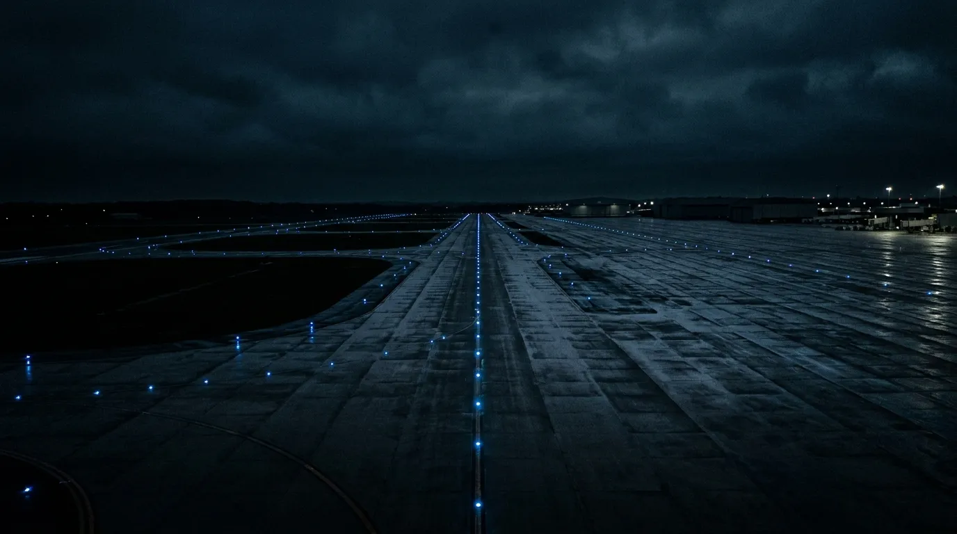 Dark aviation hangar at night
